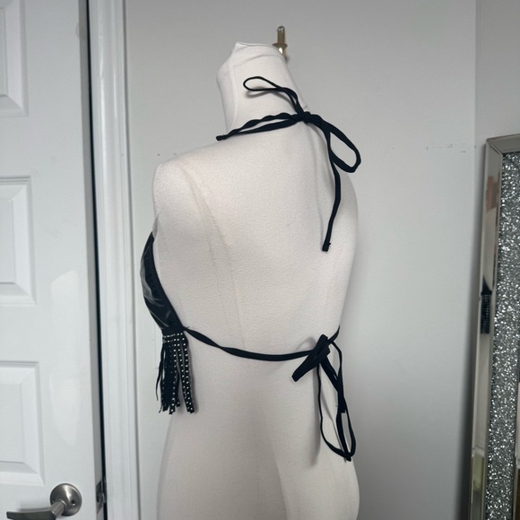 Black faux latex Fringe Halter Top festival whimsigoth punk XL - Picture 4 of 5